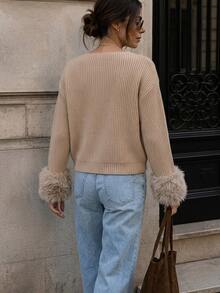 SHEIN Autumn/Winter Casual Khaki Fuzzy Cuff Sweater - Khaki - View 3