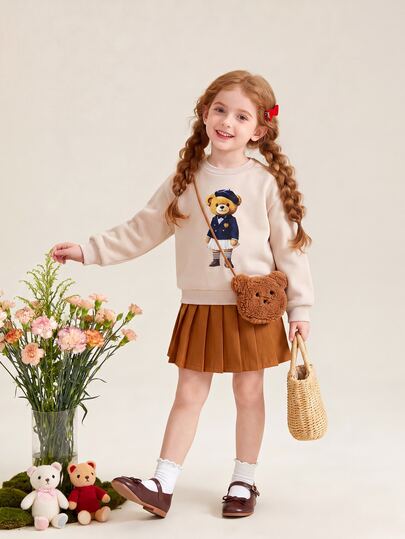 SHEIN Girls' Casual Cute Knitted Sweatshirt Set Long Sleeve Bear Graphic Print Top Brown Pleated Mini Skirt 2 Piece Outfit For Autumn Daily Wear