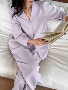 DAZY 條紋紋理布料刺繡波浪領花瓣袖女款睡衣套裝 - 淡紫色 - 查看 5