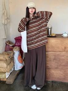 Dazy Plus Autumn New Striped Loose Casual Plus Size T-Shirt - Brown - View 7