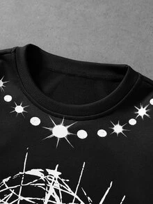ROMWE MEN Men's Abstract Dark Portrait Print Street Visual Style Long Sleeve T-Shirt - Black - View 6