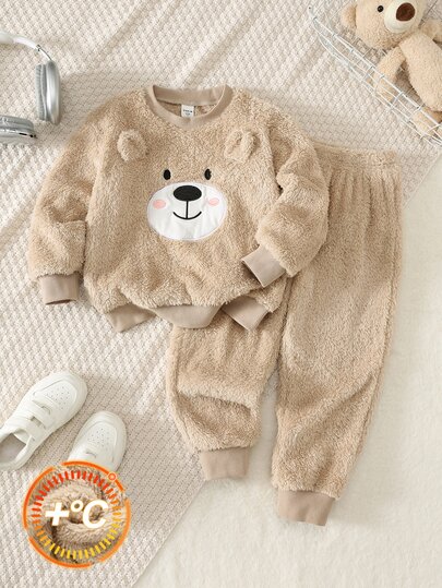 SHEIN Baby Boy Young Boys Cartoon Bear Pattern Fleece Lined Thick Crew Neck Long Sleeve Pullover Sweatshirt Elastic Waist Long Pants 2 Pieces Set