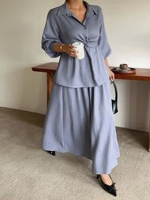 Dazy Plus Solid Color Casual Twist Pullover Shirt & A-Line Long Skirt 2 Pieces Set, Fun Commuter Outfit Fall - Blue - View 5