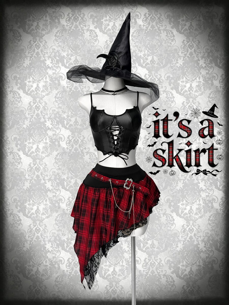 SaltGleam SaltGleam Women's Gothic Style Lace Patchwork Asymmetrical Hem Skirt - Multicolor - View 1