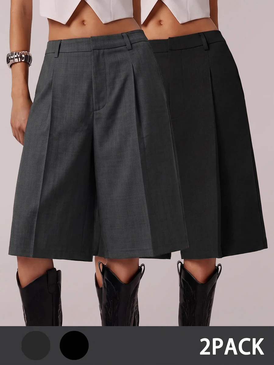 Avantive Celana Pendek Wanita Polos Kasual Serbaguna untuk Pemakaian Sehari-hari, 2 Potong, Cocok untuk Kerja Kantor, Warna Abu-abu Hitam, dan Musim Panas. - MultiWarna - View 1
