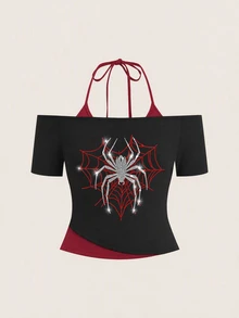 Attitoon Camiseta con cuello halter y patrón de araña con pedrería - Negro - Ver 3