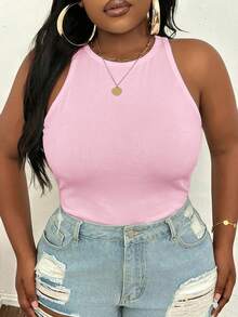 Slaydiva Plus Size Solid Summer Slim Fit Tank Top - Pink - View 4