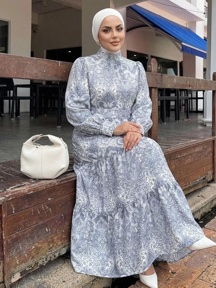 Dazy Plus 大尺碼花卉圖案全身休閒優雅圓領收腰長洋裝 春秋新款 - 藍色 - 查看 5