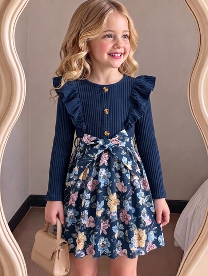 Elladie kids Girls' Navy Blue 2 In 1 Dress, Shoulder Side Patchwork With Lively Frill Trim, Front Decorated With Vintage Buttons. Floral Skirt Hem With Bowknot At Waist, Elegant Floral Pattern Spread Asymmetrically, Gentle And Vintage, Perfect For Autumn/Winter Girls' Dress With Atmospheric Vibe.