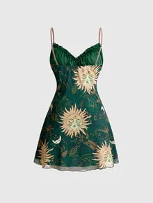 ROMWE Hippie Women's Casual Vacation Sun Print Spaghetti Strap Short Dress - Green - View 2