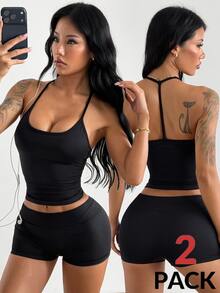 Coolane Women's Summer Black Cross Back Sports Bra & Shorts Set, Slim Fit Gym Yoga Workout Suit - Black - View 2
