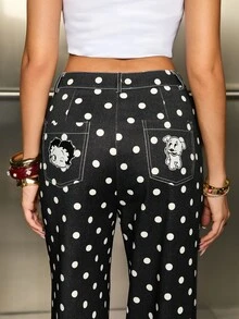 Betty Boop x SHEIN Celana Jeans Denim Wanita Model Lurus dan Longgar dengan Motif Polkadot - Hitam - View 9