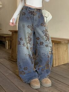 DAZY Women's Casual Vintage Streetwear Daily Everyday Day Time Denim Jeans With Pocket, Button And Floral Pattern Cute Tops Blue Floral Summer - Blue - View 4