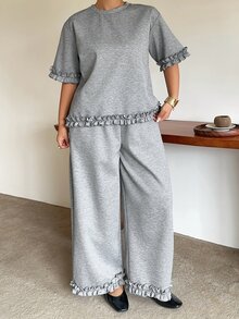 Dazy Plus Patchwork Ruffle Cuff & Hem Design Casual Cropped Wide Leg Pants 2 Pieces Set For Girls Fall - Grey - View 6