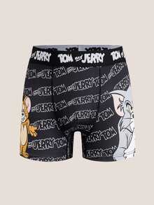 TOM & JERRY X SHEIN 男士緹花腰帶舒適字母印花四角內褲 - 黑色 - 查看 1