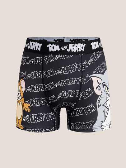 TOM & JERRY X SHEIN Boxeri bărbați cu talie jacquard, confortabili, cu imprimeu cu litere