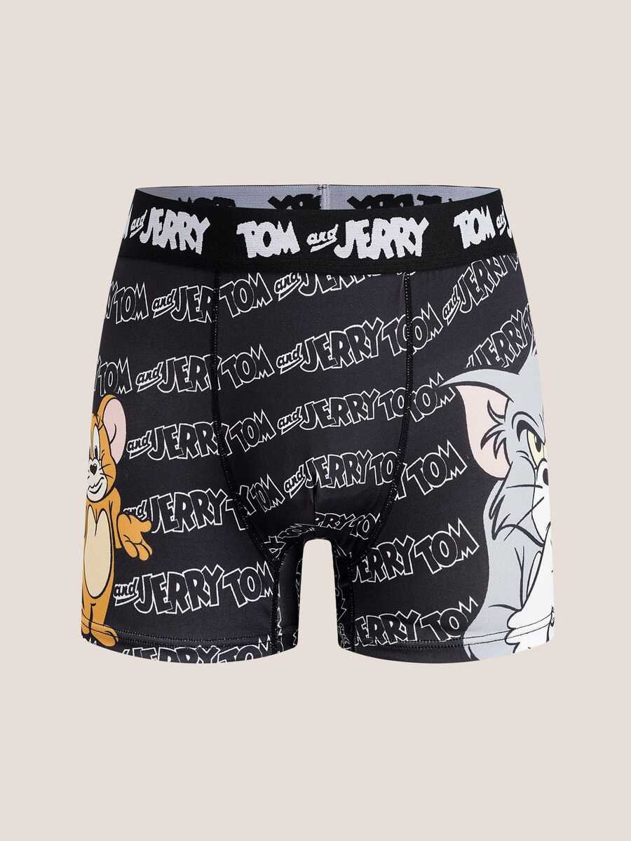 TOM & JERRY X SHEIN 男士緹花腰帶舒適字母印花四角內褲 - 黑色 - 查看 1