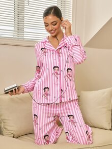 Betty Boop x SHEIN Set Piyama Atasan dan Celana Bergaris Kancing Tunggal untuk Wanita - Berwarna merah muda - View 8