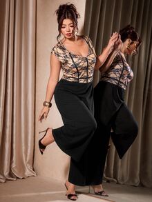 Cravure Women's V-Neck Lace Pattern Print Fashion Youthful Slimming Plus Size Jumpsuit, Summer - Black - View 5