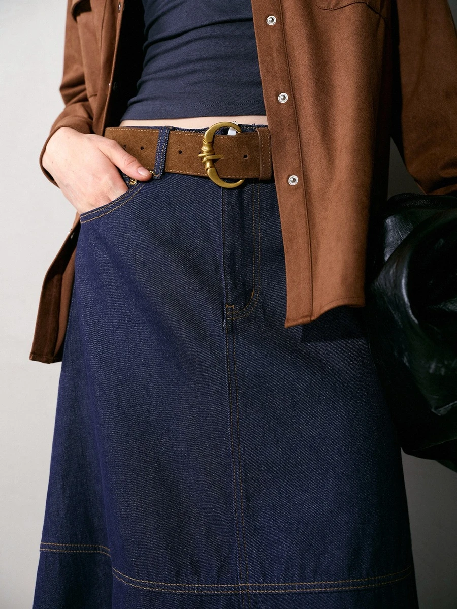 MOTF PREMIUM MINIMALIST ALL-MATCH VERSATILE LONG A-LINE DENIM SKIRT - Navy Blue - View 2