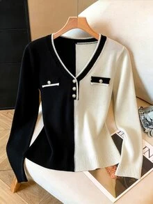 GlowEve CURVE Sweater Pullover Lengan Panjang Leher V Kancing Warna Kontras Kasual Elegan Ukuran Besar untuk Kantor Formal Hitam Putih Musim Gugur - Hitam dan Putih - View 1