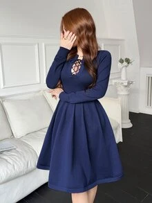Feyla Women's Versatile Drawstring Tie Long Sleeve Sweater Dress - Navy Blue - View 5