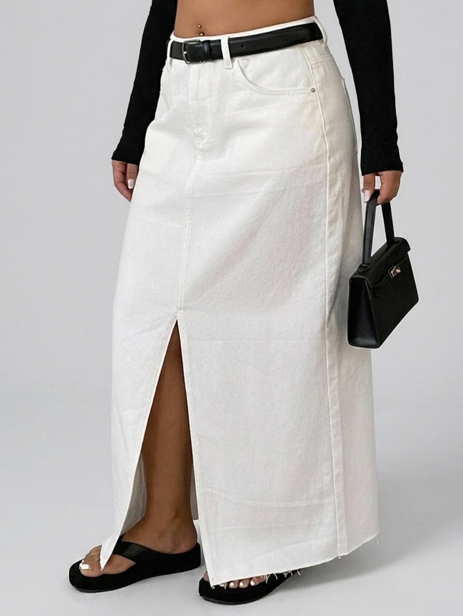 Dazy Plus Spring Summer Autumn New High Waist Solid White Front Slit Frayed Hem Straight Leg Slim Fit Cotton Denim Skirt - White - View 1