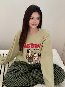 Dazy Plus 2pcs Cute Puppy Print Loose Long Sleeve T-Shirt & Plaid Straight Leg Long Pajama Pants Set, Spring/Autumn Sleepwear Outfit - Green - View 4