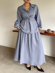 Dazy Plus Solid Color Casual Twist Pullover Shirt & A-Line Long Skirt 2 Pieces Set, Fun Commuter Outfit Fall - Blue - View 1