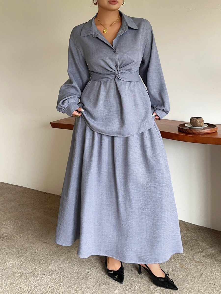 Dazy Plus Solid Color Casual Twist Pullover Shirt & A-Line Long Skirt 2 Pieces Set, Fun Commuter Outfit Fall - Blue - View 1