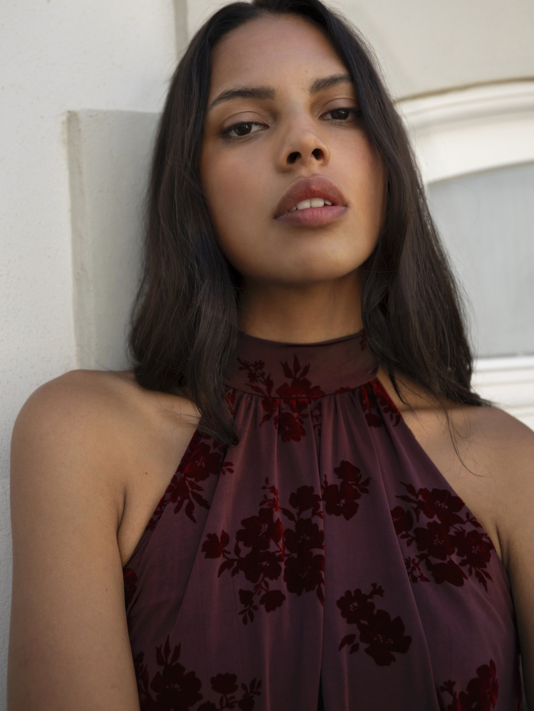 Nöista Floral Print Backless Tie Halter Top - Red Violet - View 5