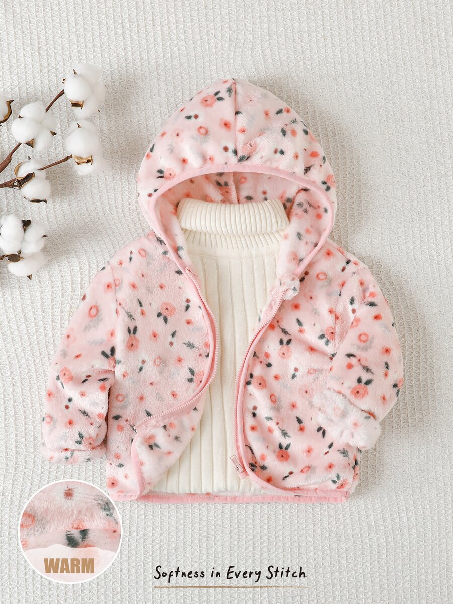 Cozy Pixies 嬰兒女童男童卡通動物豹紋抓絨內裡加厚連帽拉鍊長袖外套夾克,適合冬季 - 淺粉色 - 查看 1