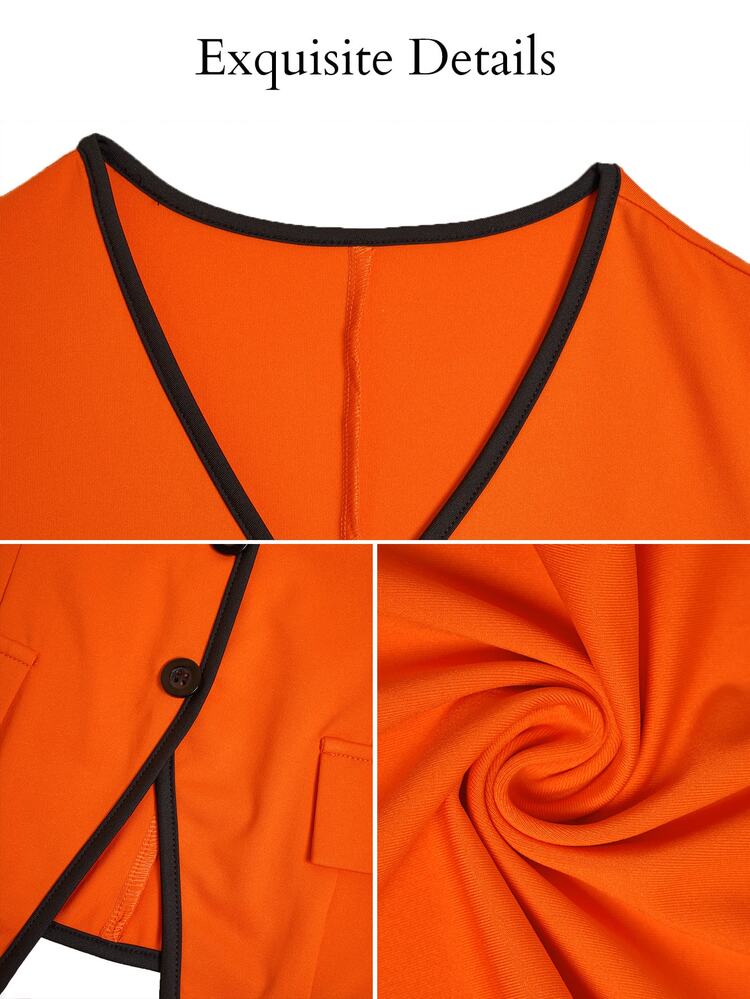 Brilight Contrast Trim V Neck Button Pocket Short Sleeve Top Wide Leg Pants,Elegant Co-Ord For Office Dai Burnt Orange Summer - Orange - View 8