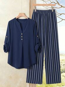 EMERY ROSE Plus Roll Tab Sleeve Blouse & Striped Pants - Multicolor - View 1