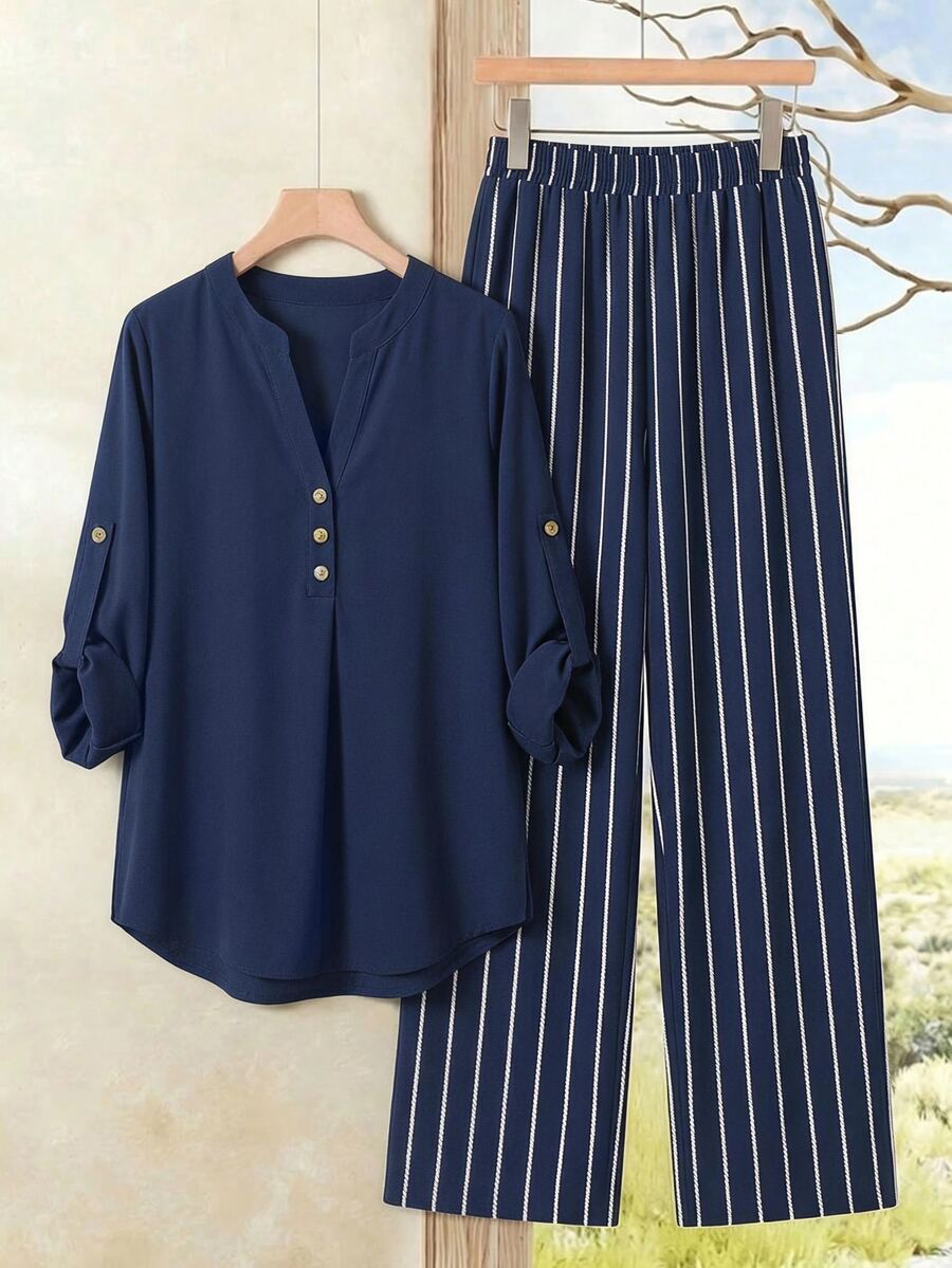 EMERY ROSE Plus Roll Tab Sleeve Blouse & Striped Pants - Multicolor - View 1