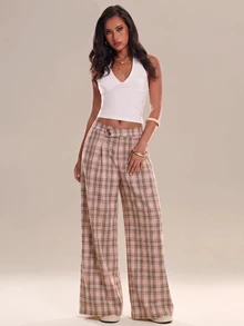 Avantive Women's Casual Commute Plaid Wide Leg Long Pants - Pink - View 3