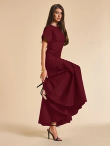 SHEIN BAE 女款純色蝙蝠袖短袖魚尾下擺優雅洋裝 - 酒紅色 - 查看 5