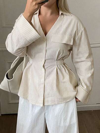 Dazy Plus Autumn Striped Loose Business Casual Streetwear Cinched Waist Waist Outdoor Commute Long Sleeve Shirt