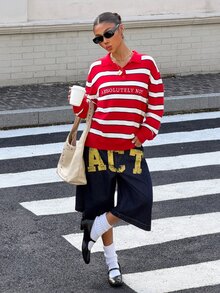 Muchica Women's Autumn/Winter New Casual Loose Red Striped Letter Embroidered Polo Collar Sweater - Red - View 3