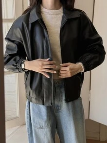 DAZY Jaket Kulit PU Lengan Panjang dengan Kantong Resleting untuk Wanita, Cocok untuk Musim Gugur. - Hitam - View 4