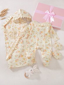SHEIN 4件組新生兒女嬰禮品可愛長袖花卉連身衣套裝，適合秋季假期 - 黃色 - 查看 2
