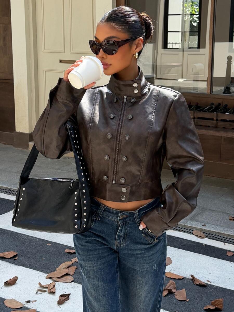 Muchica Women's Autumn New Vintage Washed Double-Breasted Design PU Leather Jacket For Going Out, Streetwear, Y2K,Fall Clothes For Women - Black - View 1