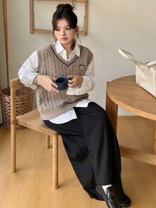 Betty Boop x DAZY Curve Solid Color Pullover V-Neck Sweater Vest, Layered Preppy Casual Style For Spring And Autumn - Khaki - View 8