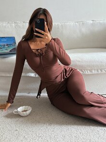 DAZY Autumn Winter Solid Color Slim Fit Tie Neck Women's Loungewear Set - Coffee Brown - View 6