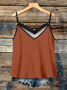 SHEIN VCAY Women's Brown Paisley Print Camisole With Lace Trim, Loose Fit, Perfect For Casual Vacation Wear, Suitable For Spring, Summer And Early Autumn. - Multicolor - View 2