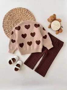 SHEIN Baby Girl Heart Pattern Sweater And Knitted Pants Set - Brown - View 5