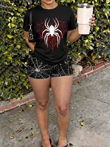 Slaydiva Spider Web Print Tee & Booty Shorts Set - Multicolor - View 4