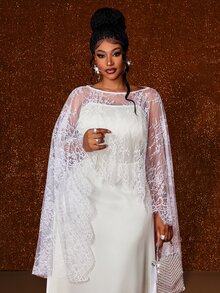 Maweii Gaun Pesta Formal Wanita Ukuran Plus Eropa Tanpa Tali Model A-Line Elegan dengan Selendang Renda Putih, Set 2 Potong, Pernikahan Musim Gugur Serba Putih - Putih - View 6