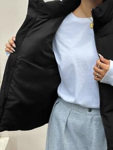 Dazy Plus Solid Color Casual Versatile Thermal Lined Thickened Autumn/Winter Sleeveless Vest Women's Padded Coat Jacket - Black - View 4