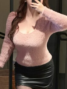 Dazy Plus Sweater Pullover Pendek Rajut Panjang Berwarna Pink, Lembut dan Pas Badan, Lapisan Dasar Serbaguna untuk Musim Gugur/Dingin - Berwarna merah muda - View 3